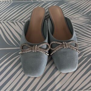 Blue suede bow mules